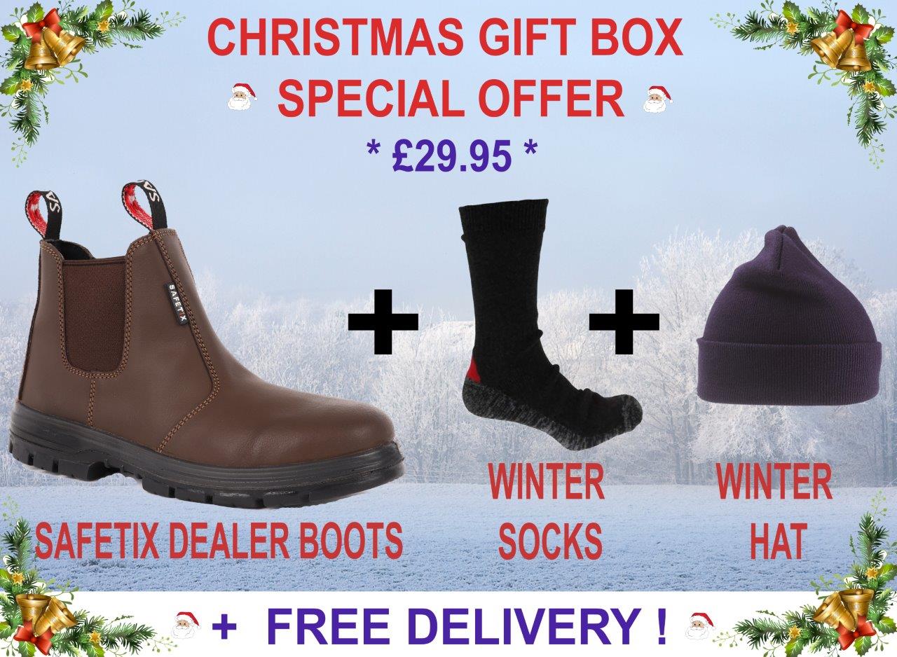 XMAS Box! SafeTix DEALER S3 Rustic Brown Safety Boot with Beanie Hat & Socks