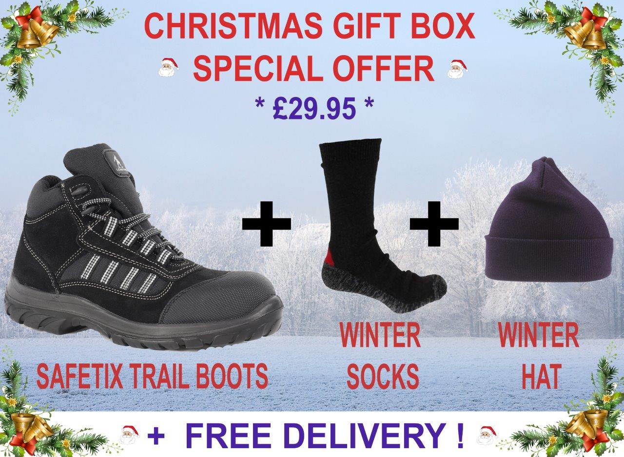 XMAS Box! SafeTix TRAIL S3 Black Safety Boot with Beanie Hat & Socks